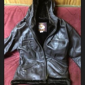 American Born Brown leather hooded jacket size M